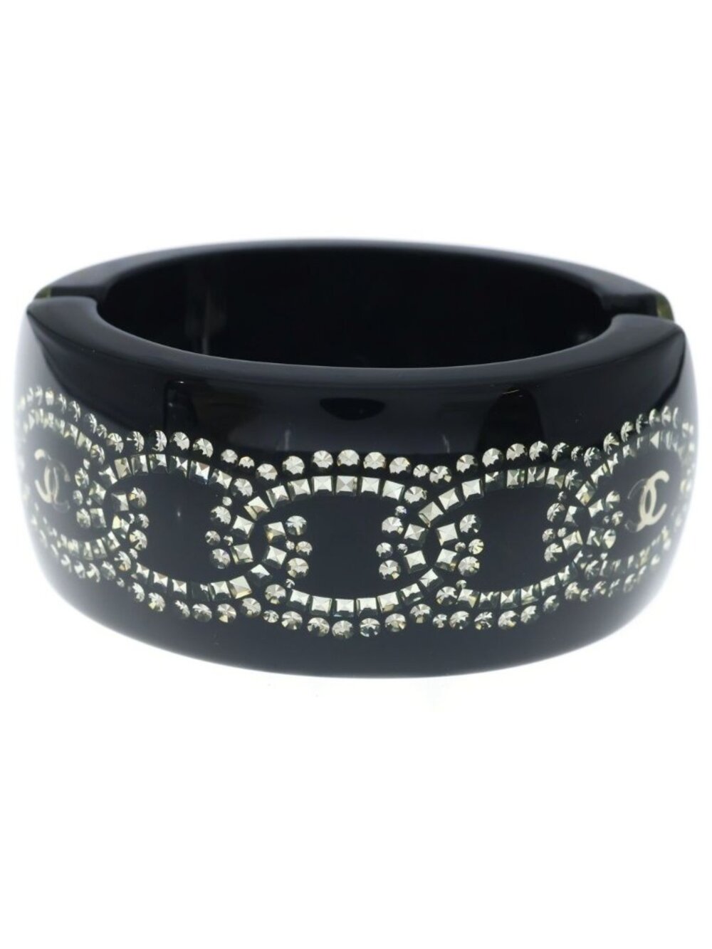 Chanel CC Logo Rhinestone Bangle Bracelet Black